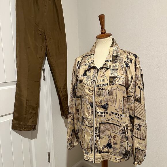 Vintage Silk Golf Novelty Print Track Suit Co Ord Set 90s Sporty Athleisure Tan - Picture 2 of 9